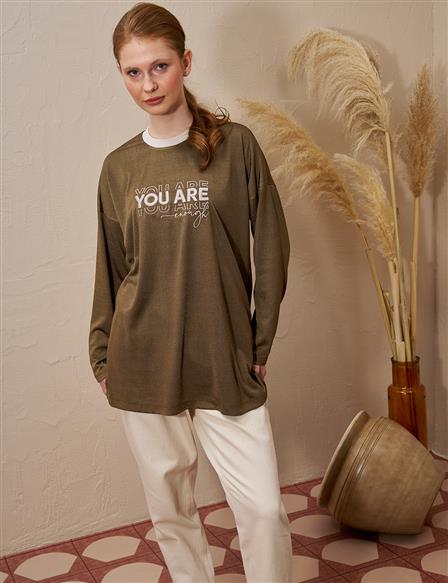 Slogan Detailed Knitted Sweatshirt Green