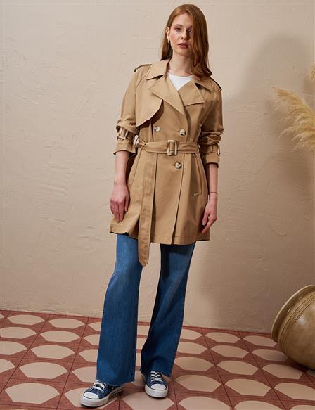 Epaulette Detailed Double Breasted Trench Coat Beige