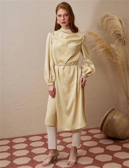 Satin Tunic with Chain Belt Detail Light Yellow