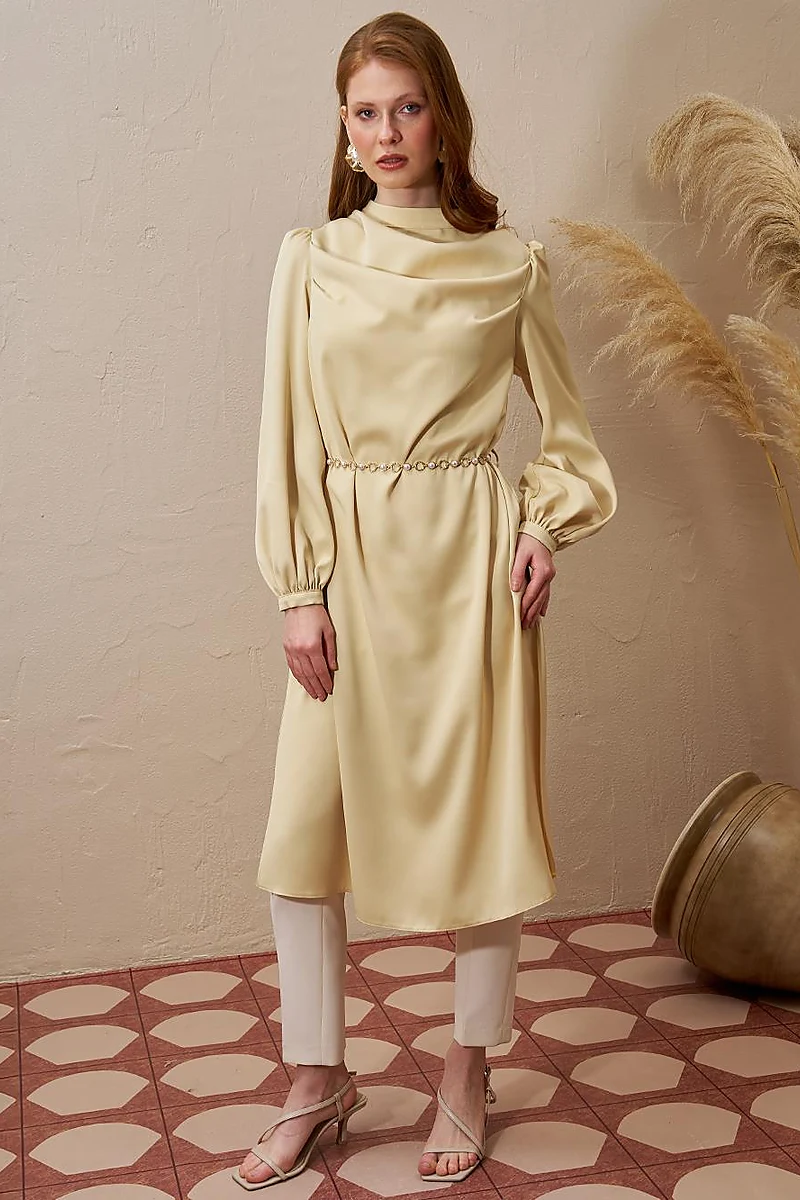 Satin Tunic with Chain Belt Detail Light Yellow