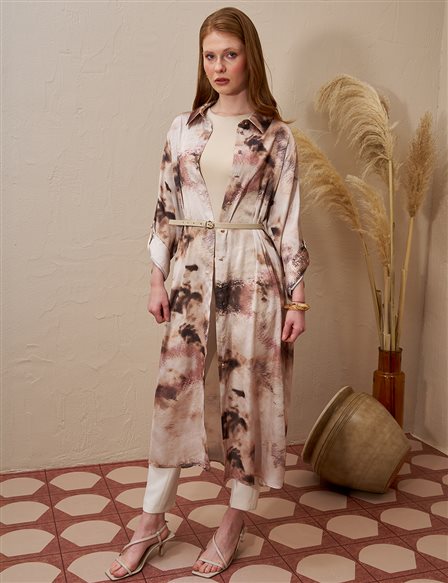 Printed Satin Long Tunic Beige