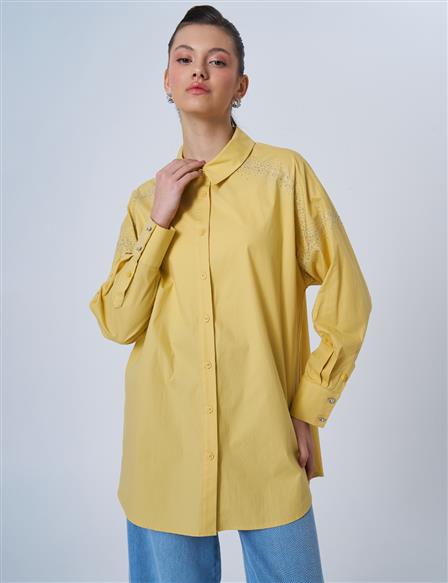 Wide Cuffed Hotfix Printed Cotton Tunic Yellow