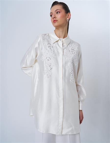 Lace Appliqué Satin Tunic Ecru