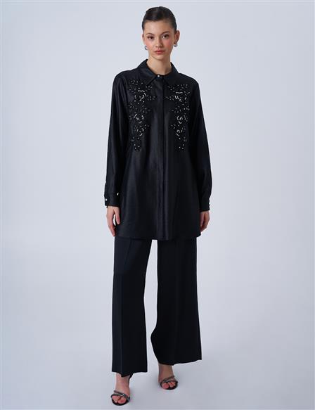 Lace Appliqué Satin Tunic Black