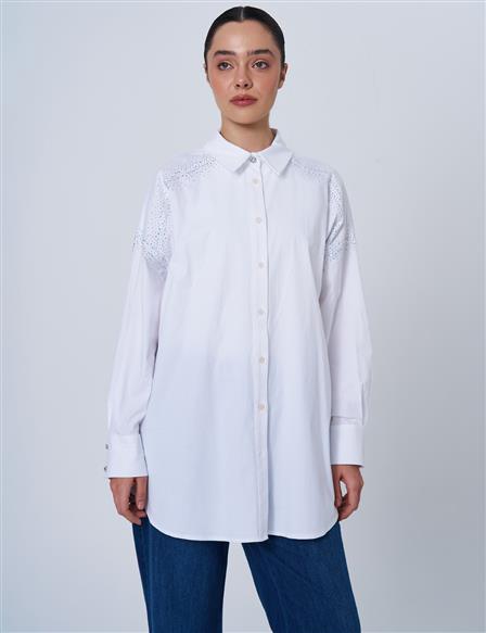 Wide Cuffed Hotfix Printed Cotton Tunic Optic White