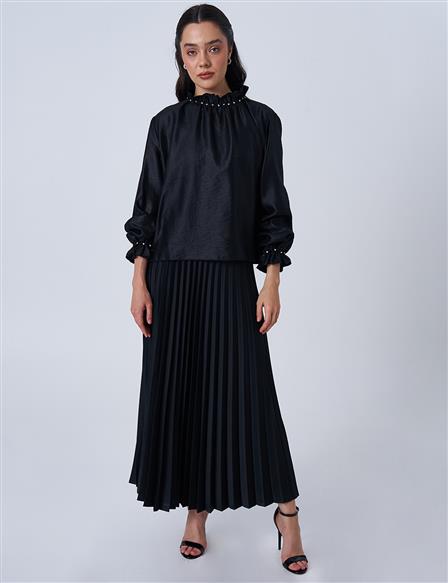 Ruffle Collar Satin Blouse in Black