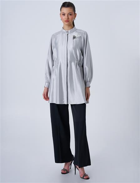 Broş Detaylı Saten Tunik Gri