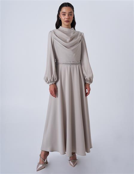 Drape Collar Satin Dress Cream