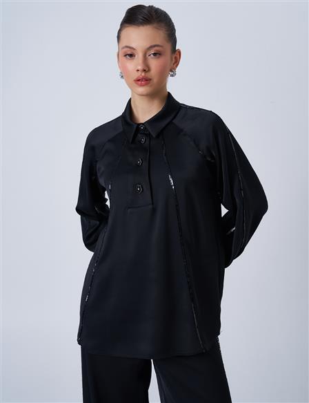 Shiny Button Satin Blouse in Black
