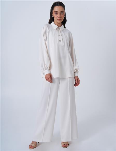 Shiny Button Satin Blouse in Ecru