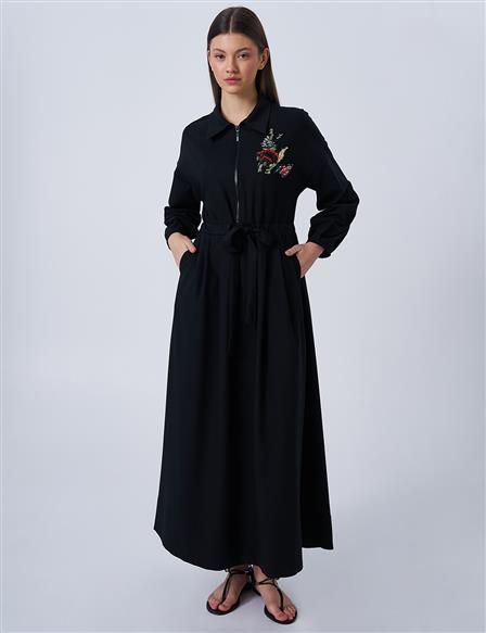 İşlemeli Rayon Elbise Siyah 