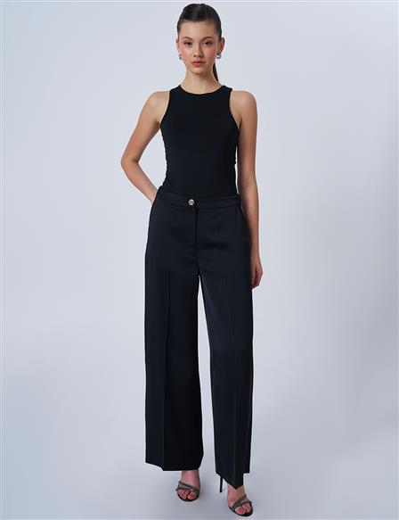 Shiny Button Detail Satin Pants in Black