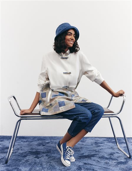 Checkered Pattern Detailed Jacket in Indigo