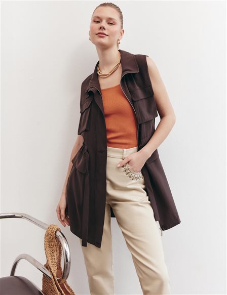 Drawstring Waist Stand-up Collar Vest Dark Brown