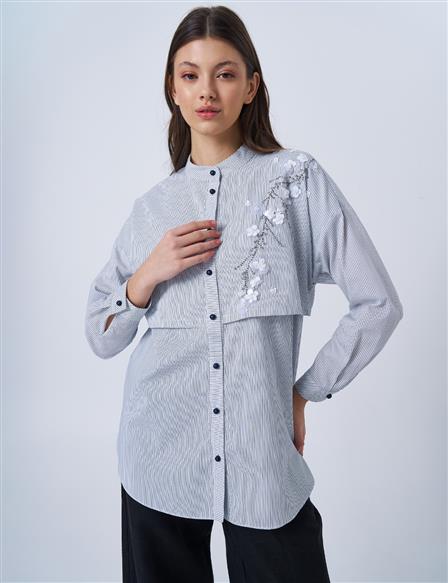 Appliquéd Striped Cotton Tunic Blue