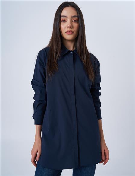 Shirt Collar Basic Poplin Tunic in Navy Blue