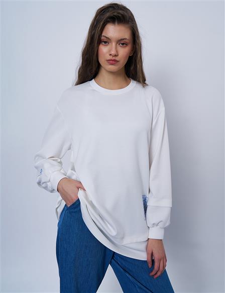 Printed Detail Scuba Sweatshirt in Ecru