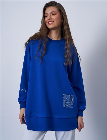 Printed Detail Scuba Sweatshirt in Cobalt Blue
