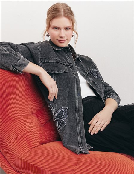 Kelebek Aplikeli Denim Ceket Siyah