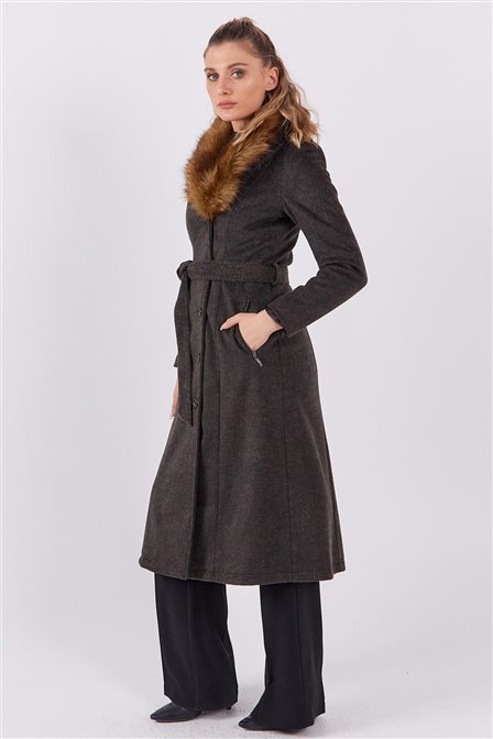 Faux Fur Detailed Cashmere Coat Brown