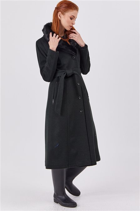 Faux Fur Detailed Cashmere Coat Green