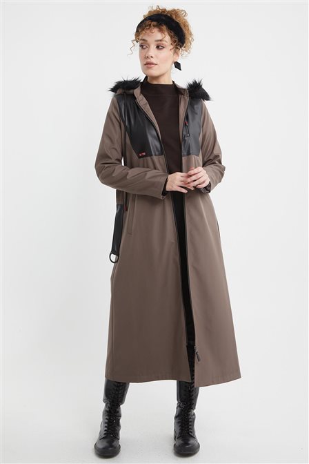 Leather-Trimmed Hooded Coat Mink 