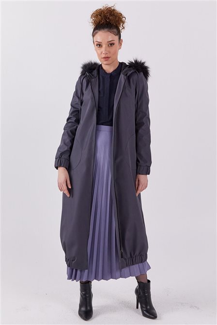 Faux Fur Zippered Coat Anthracite