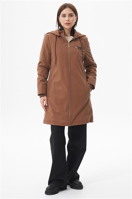 Slogan Detaylı Kapüşonlu Parka Camel 
