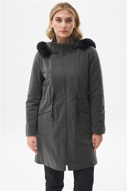 Faux Fur-Trimmed Drawstring Waist Coat Khaki
