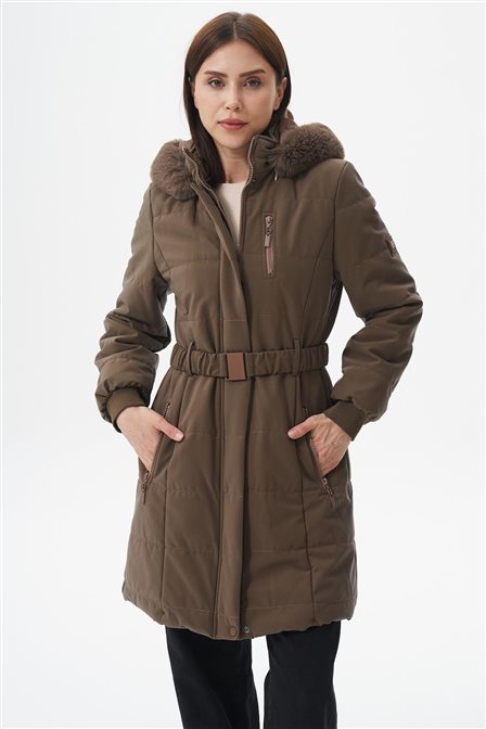 Kürk Kapüşonlu Anorak Mont Vizon 
