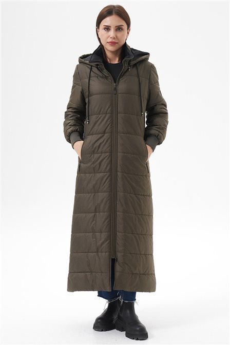 Hooded Zip-Pocket Anorak Coat Khaki