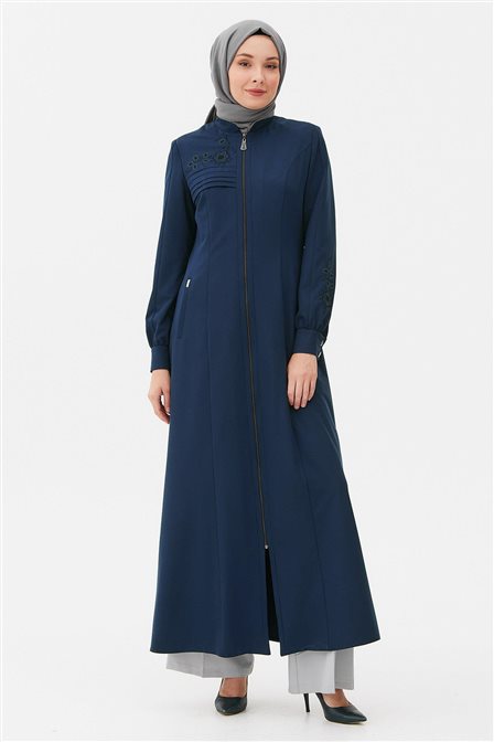 Nervür Dikişli Nakışlı Pardesü Saks