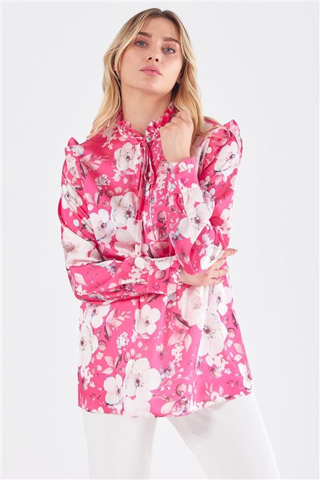 Ruffled Collar Floral Print Blouse Fuchsia 