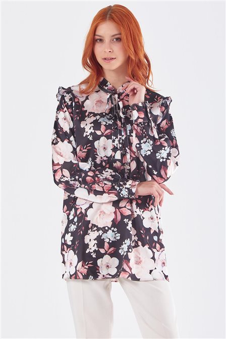 Ruffled Collar Floral Print Blouse Black