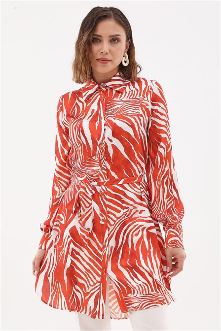 Zebra-Print Belted Tunic in Orange