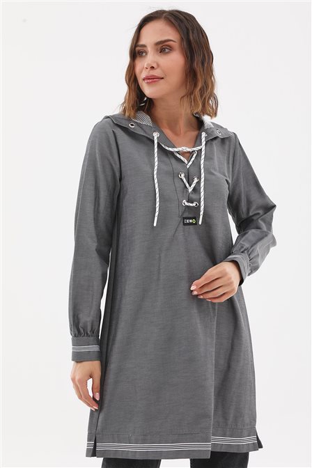 Mesh-Trimmed Hooded Tunic Gray 