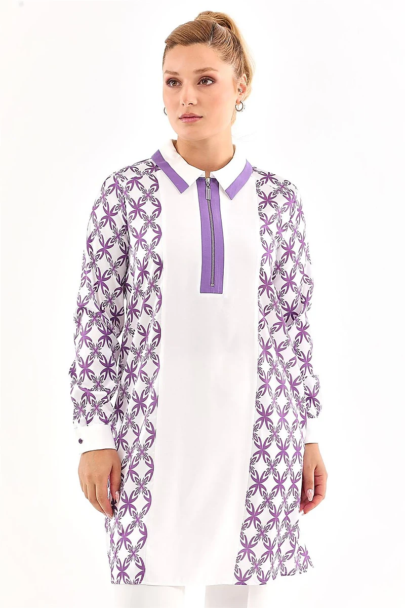 Half-Zip Closure Patterned Tunic in Purple