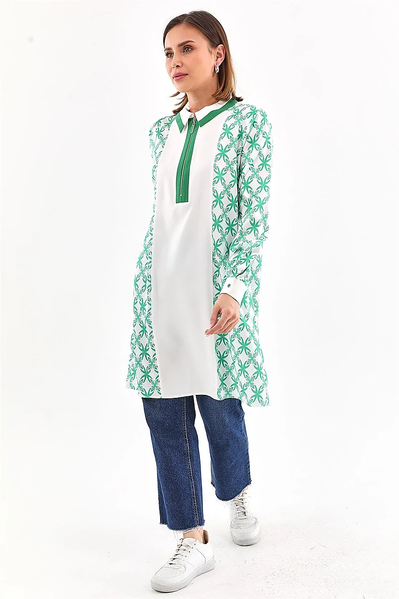 Half-Zip Closure Patterned Tunic in Green
