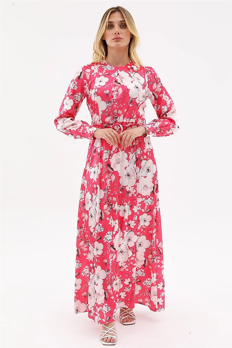 Floral Desenli Maksi Elbise Fuşya