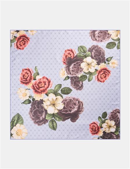 Floral Desenli Monogram Eşarp Gri