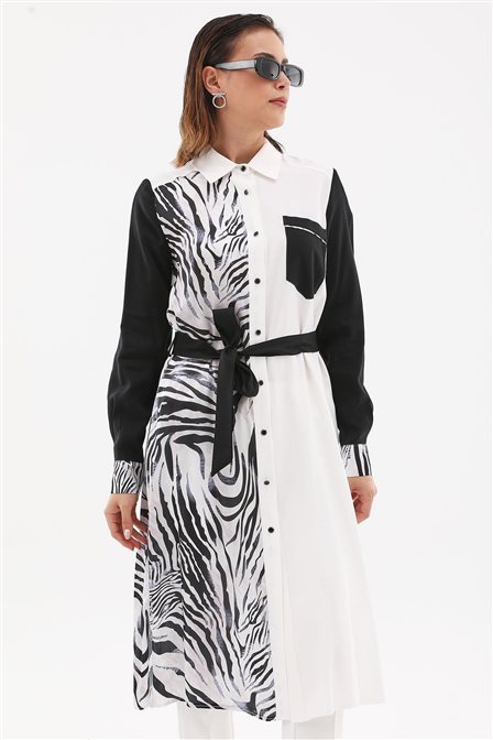 Zebra Desen Uzun Tunik Ekru-Siyah