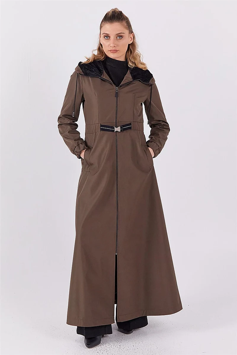 Plush Detailed Overcoat in Khaki
