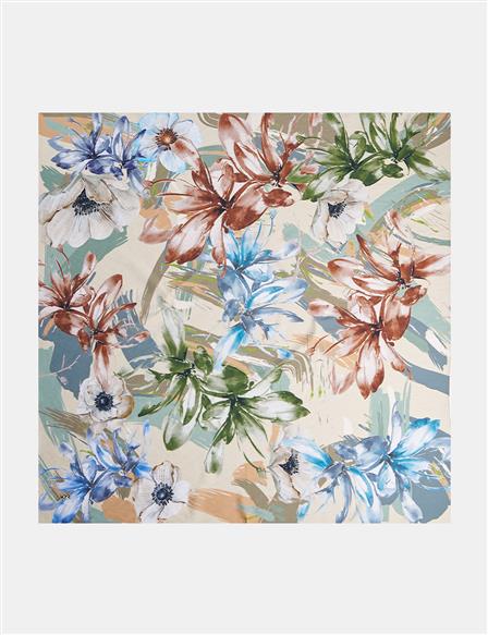 Floral Patterned Viscose Scarf Beige