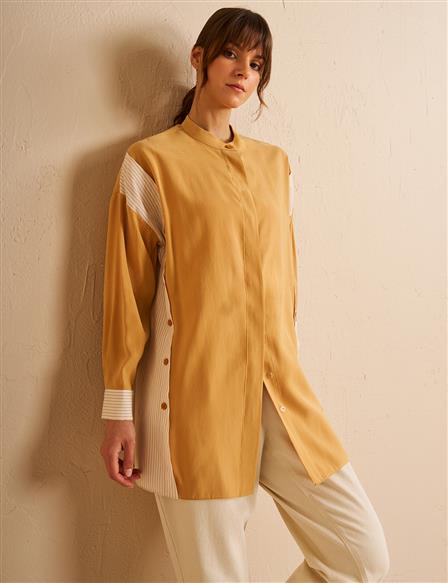 Button Detailed Mandarin Collar Tunic Saffron
