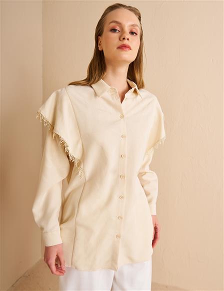 Fringed Shirt Collar Tunic Cream