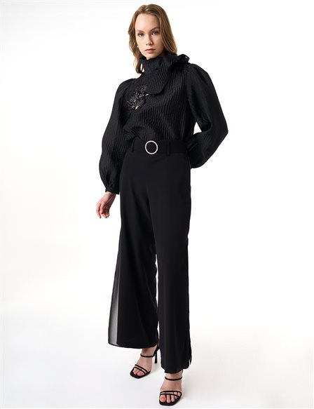 Metal Buckle Detailed Crepe Pants Black