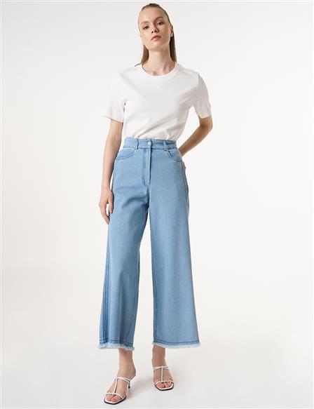 Paçası Püsküllü Marine Fit Denim Pantolon Buz Mavisi 