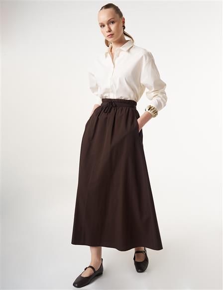 Elasticated Waist Flared Skirt Dark Brown