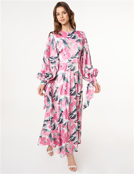 Floral Desen Saten Elbise Pudra 