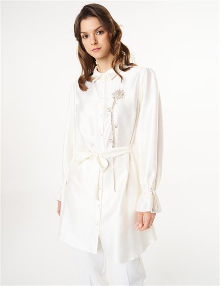 Stone Embroidered Belted Satin Tunic Ecru